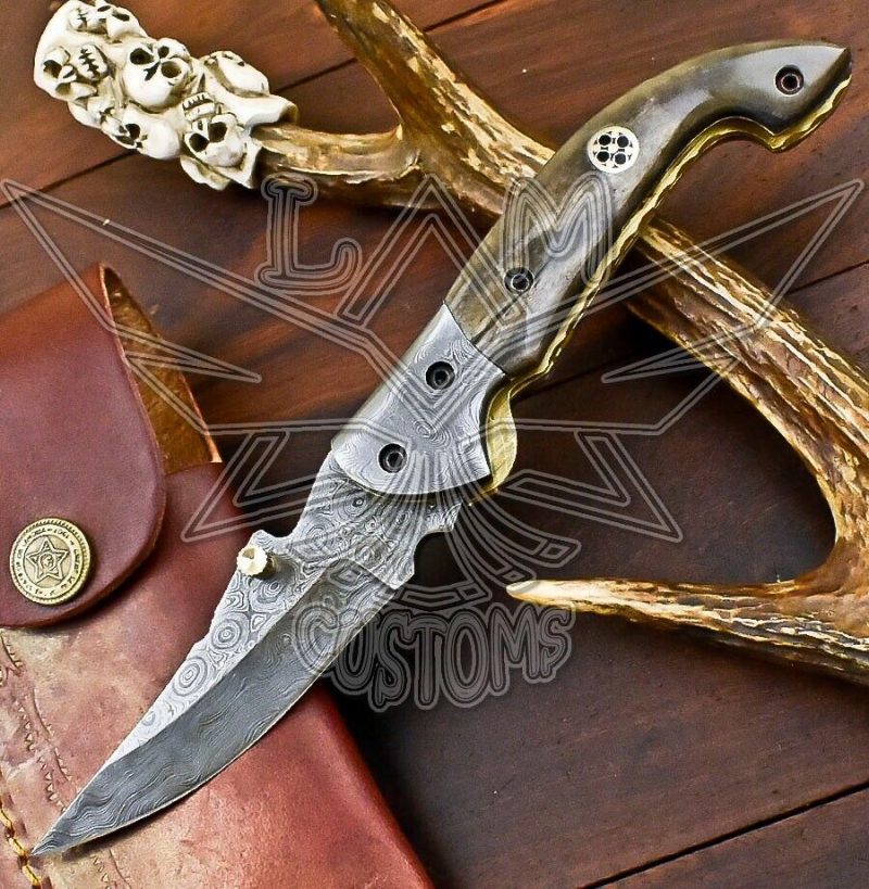 Handmade Damascus Folding Knife With Camel Bone Damascus Bolster ...