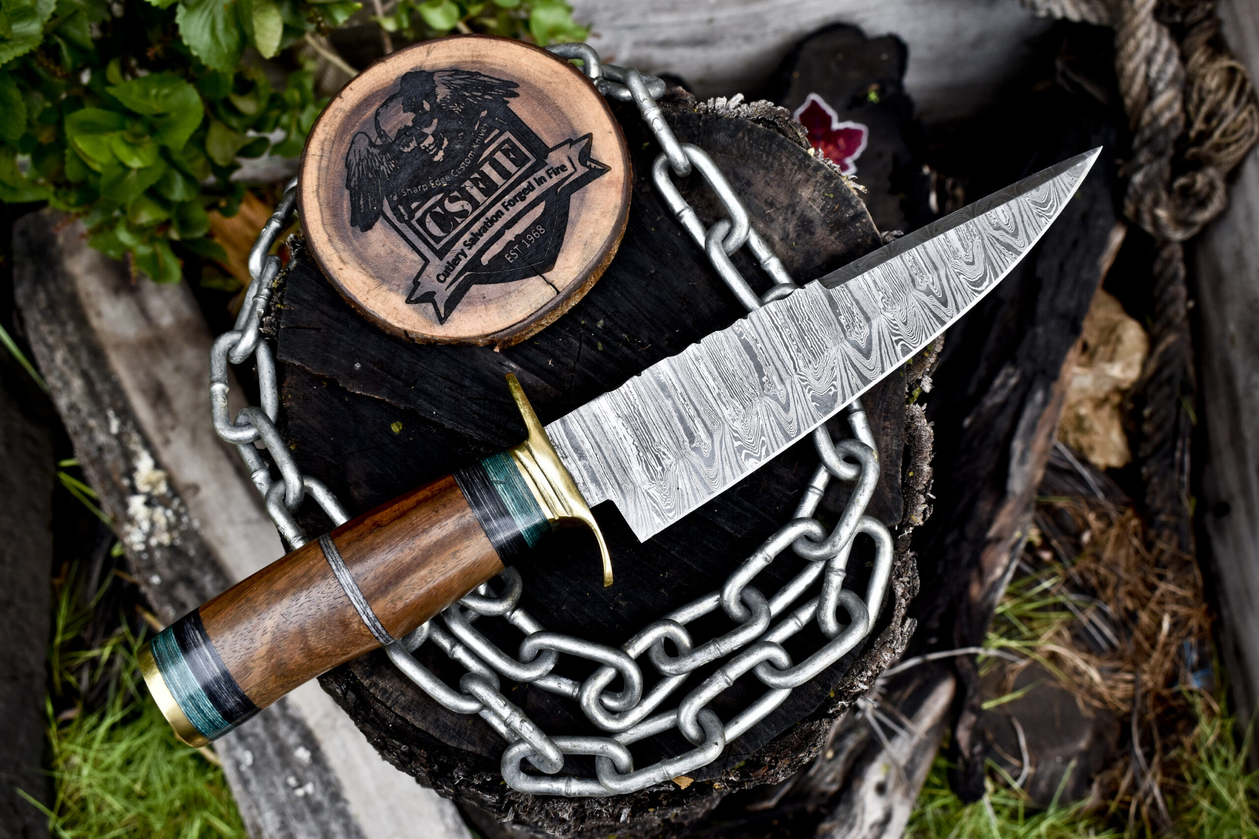 CSFIF Hand Crafted Bowie Knife Twist Damascus Walnut Wood Brass