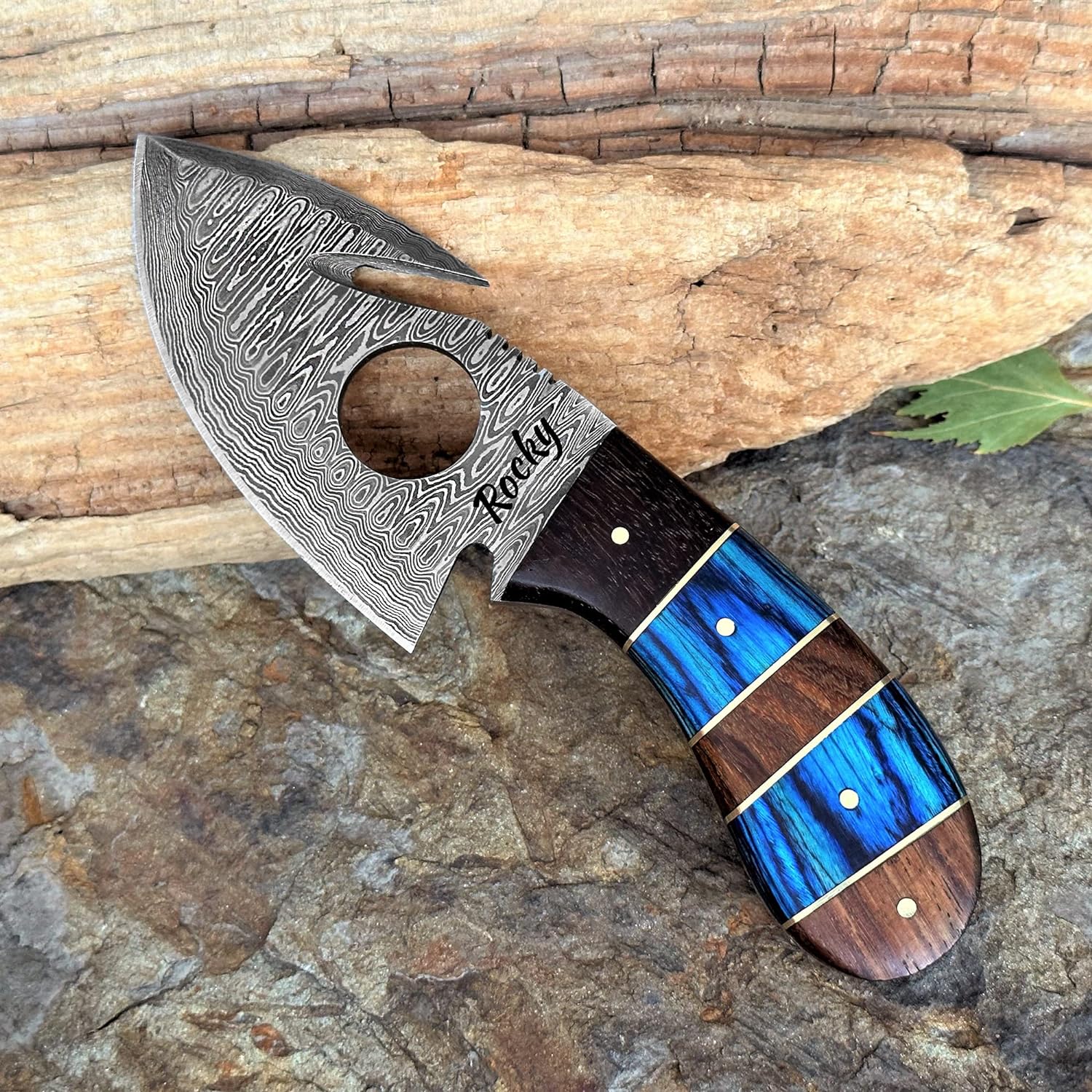 Damascus Steel Fixed Blade Gut Hook Knife With Wood Handle - 7