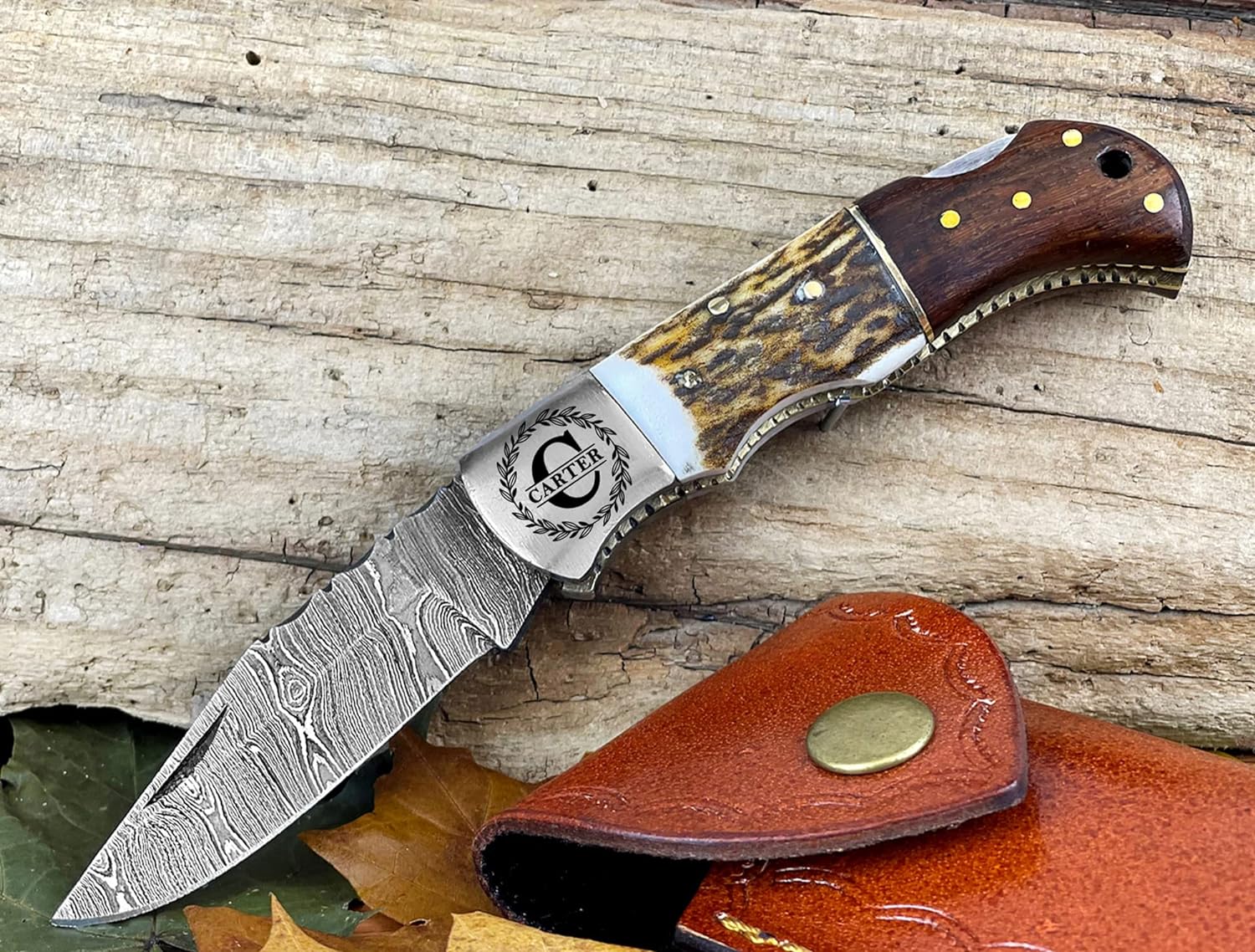 engraved damascus steel pocket folding knife